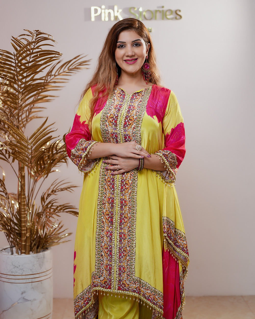 Crepe silk up and down cut 2pc salwar suit- yellow