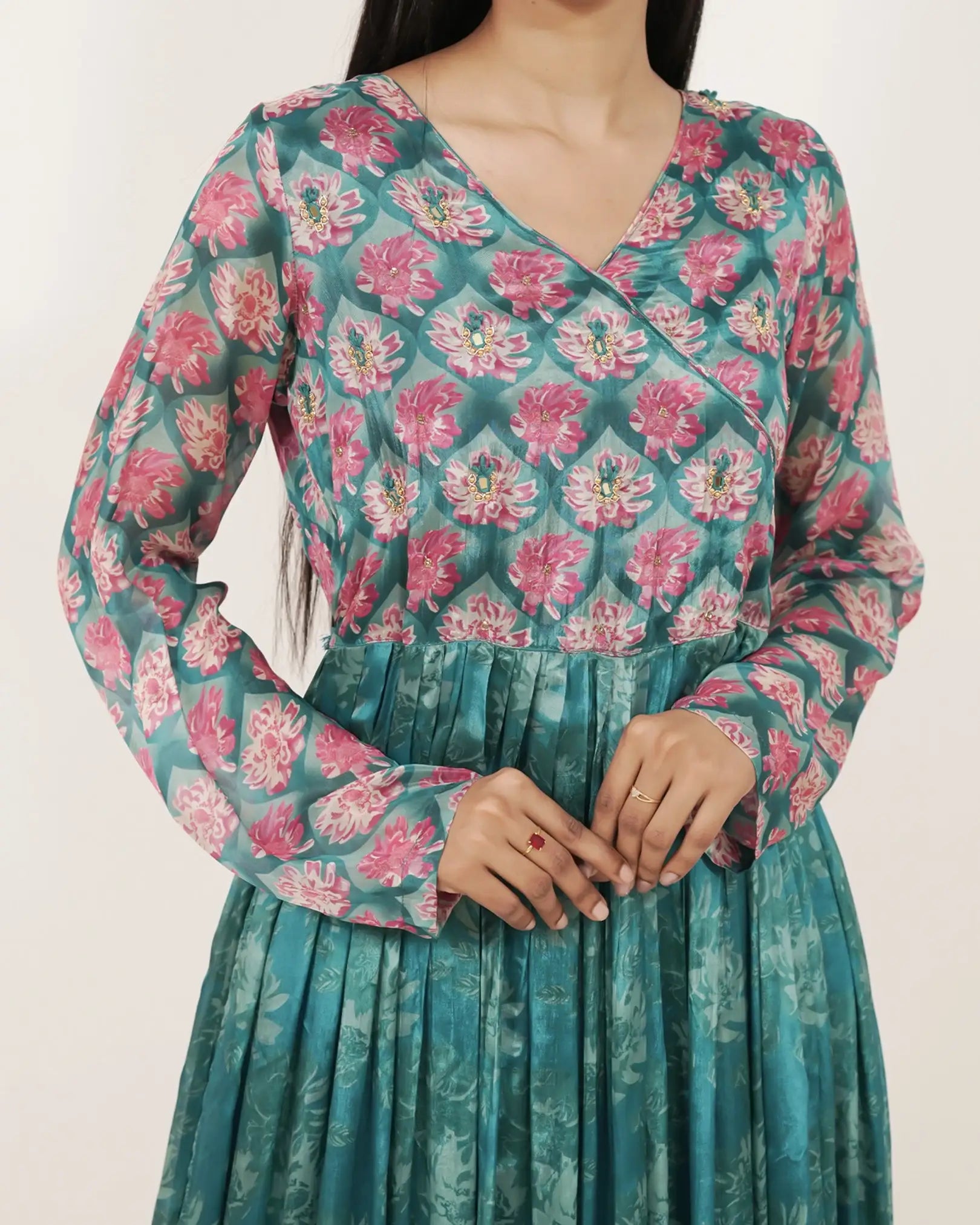 Floral Printed Angrakha Style 3Pc Anarkali Set
