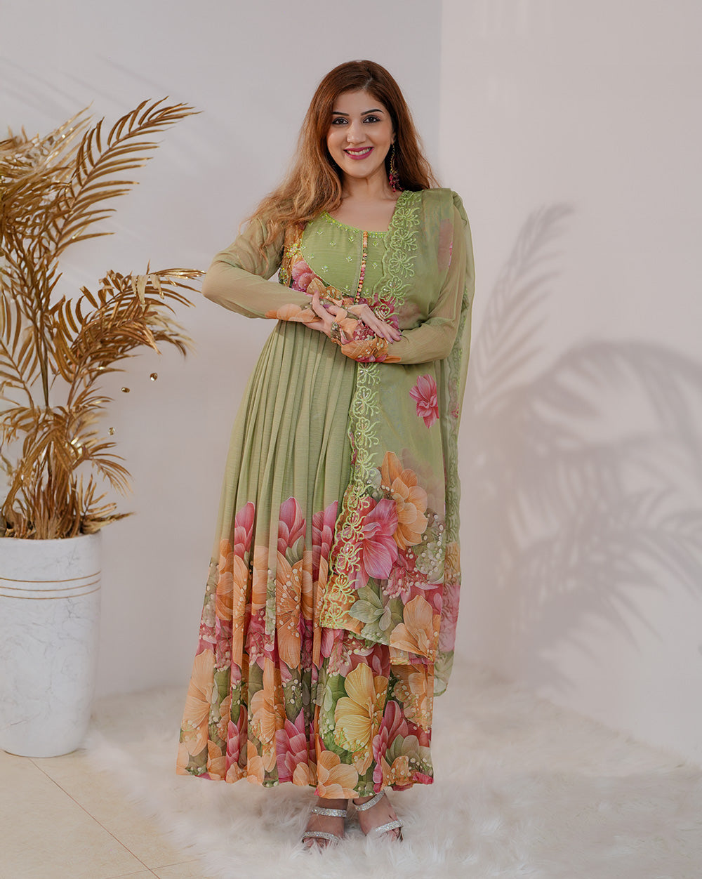Floral printed pleated chiffon anarkali -  pale green