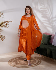 Bandei printed muslin silk A-line suit - orange color