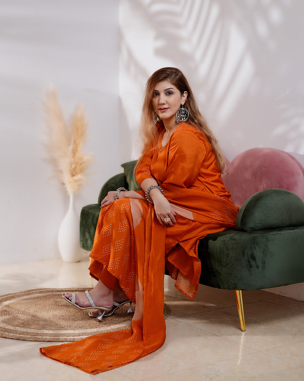 Bandei printed muslin silk A-line suit - orange color