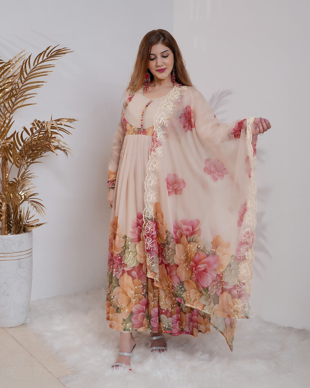 Floral printed pleated chiffon anarkali -  beige