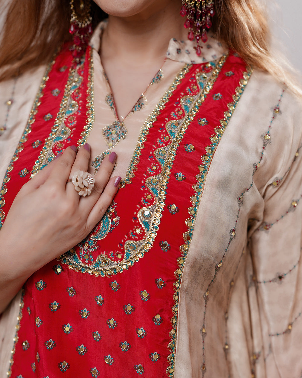 Ombre shaded crepe silk 2pc indo-western kaftan-red & cream