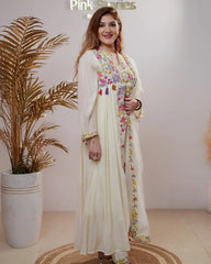 Embroidered pleated Anarkali with center panel- cream color