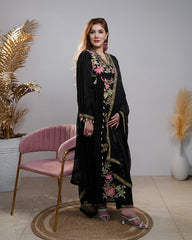 Embroidered pleated anarkali with center panel- black color