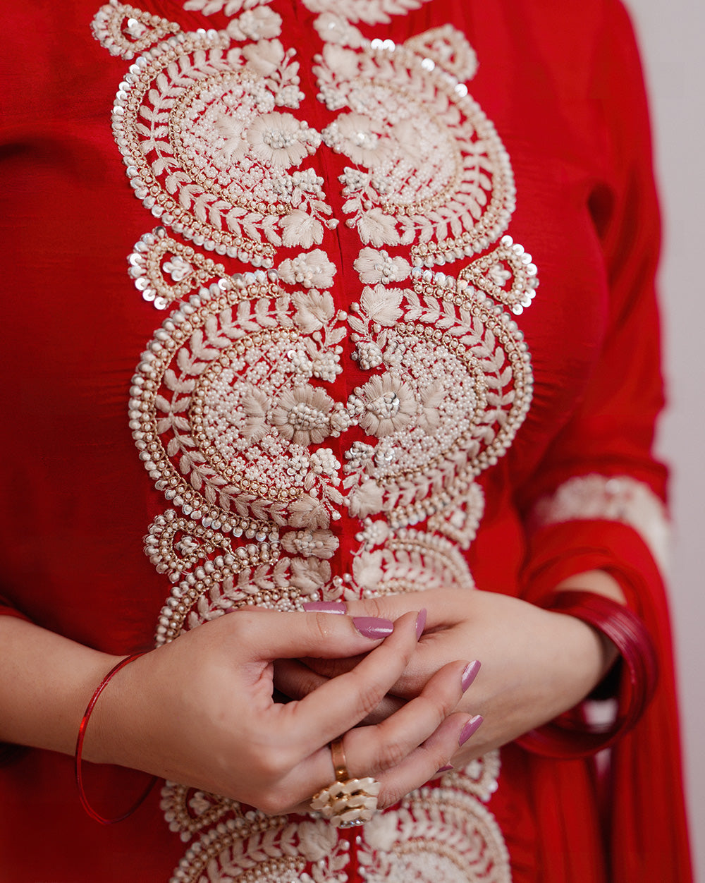 Up and down heavy work dola silk salwar suit-red