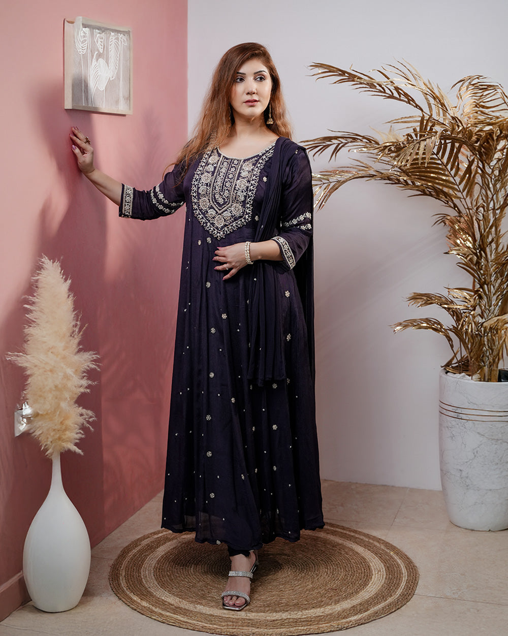 Heavy handworked chinon silk panel cut salwar suit- dark blue