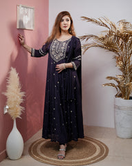 Heavy handworked chinon silk panel cut salwar suit- dark blue