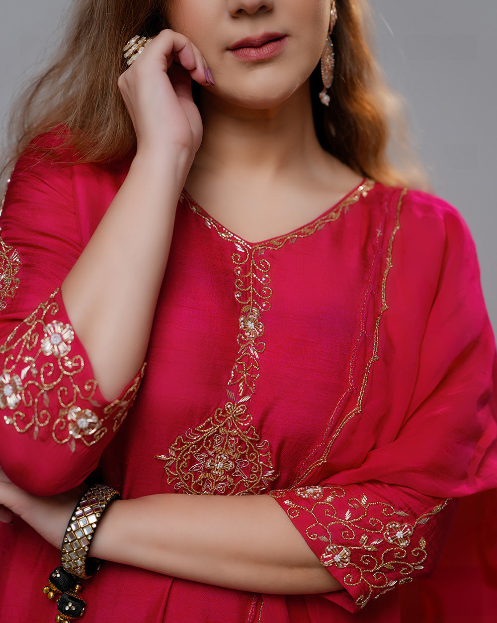 Handworked dola silk salwar suit- rani pink
