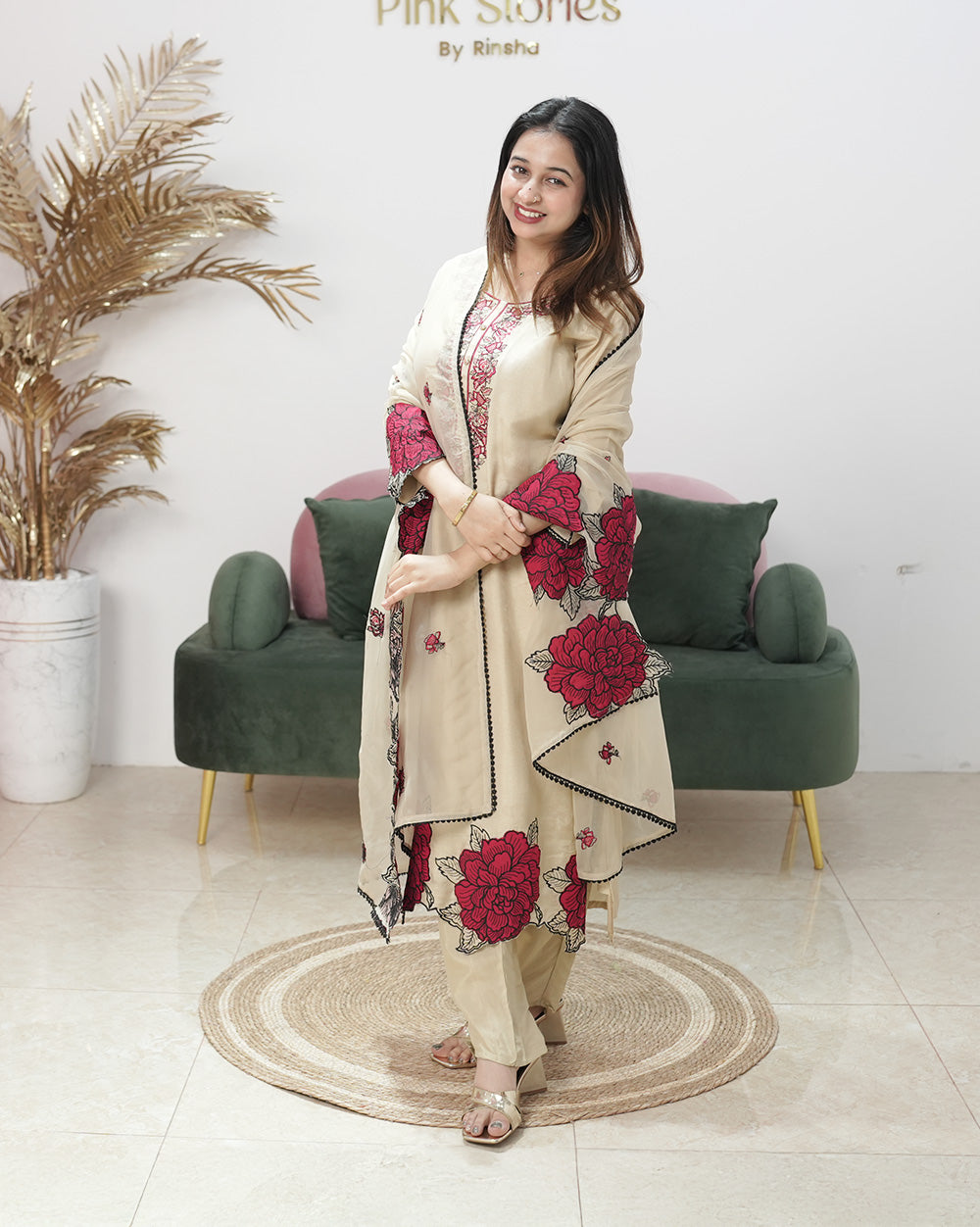 Cotton silk embroidered salwar suit- beige