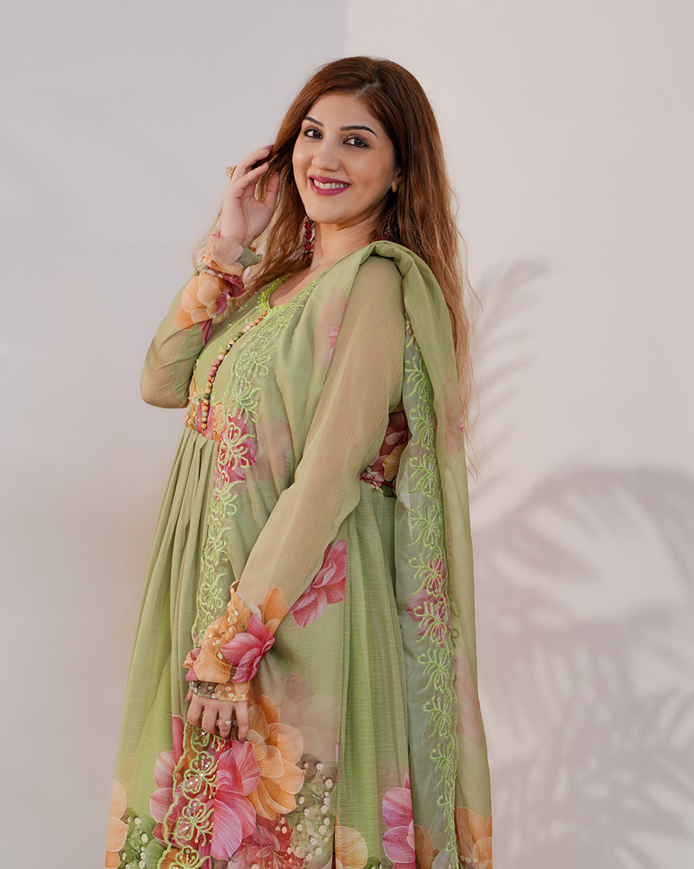 Floral printed pleated chiffon anarkali -  pale green