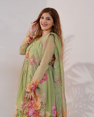 Floral printed pleated chiffon anarkali -  pale green