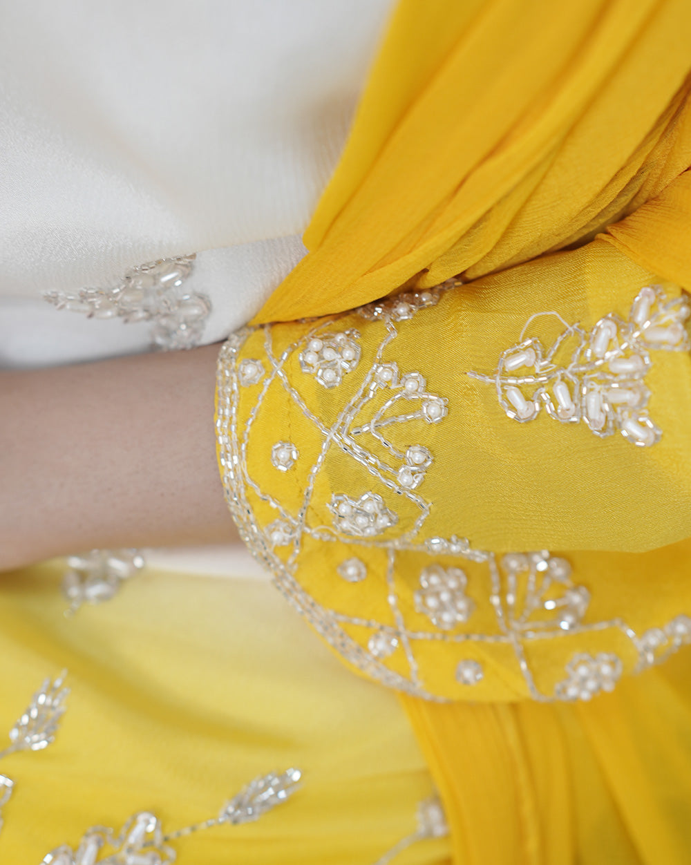 Ombre shaded chinon party wear salwar suit- white and yellow