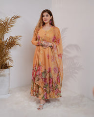 Floral printed pleated chiffon anarkali - mustard yellow