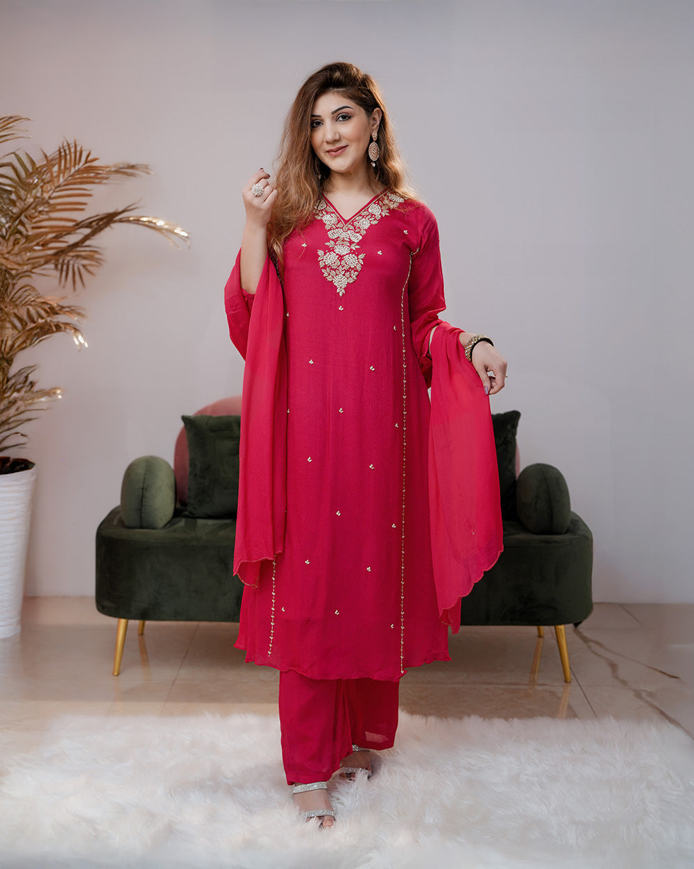 Handworked chinon silk A-line suit- rani pink