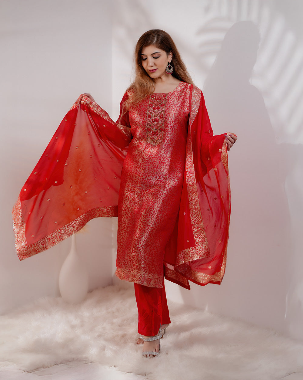 Brocade party wear salwar suit-red