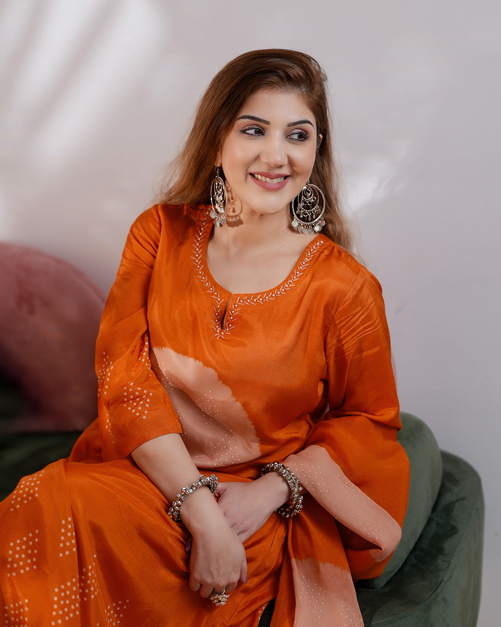 Bandei printed muslin silk A-line suit - orange color