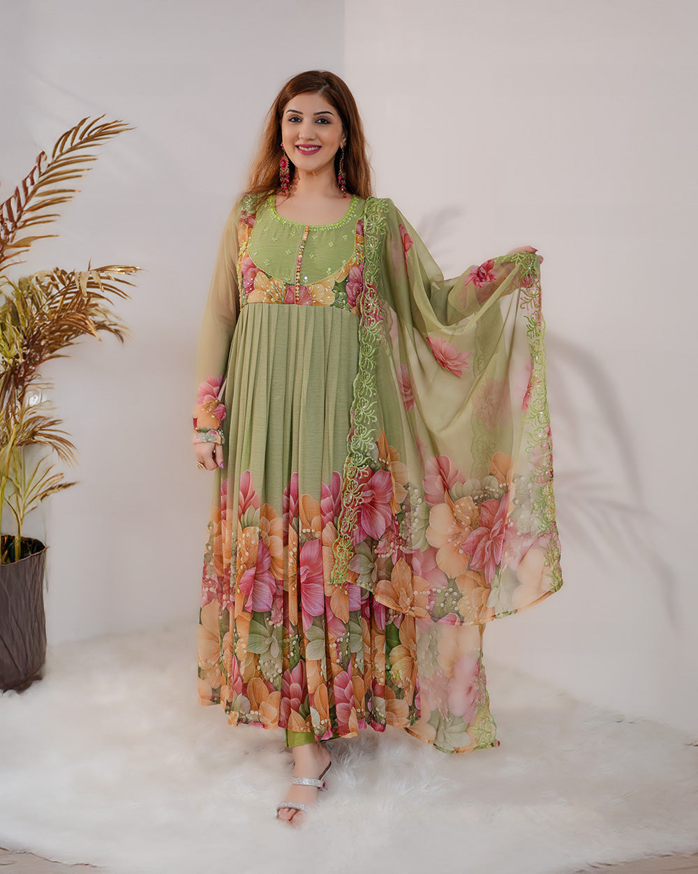 Floral printed pleated chiffon anarkali -  pale green