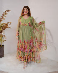 Floral printed pleated chiffon anarkali -  pale green