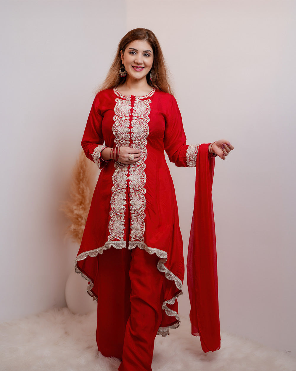 Up and down heavy work dola silk salwar suit-red