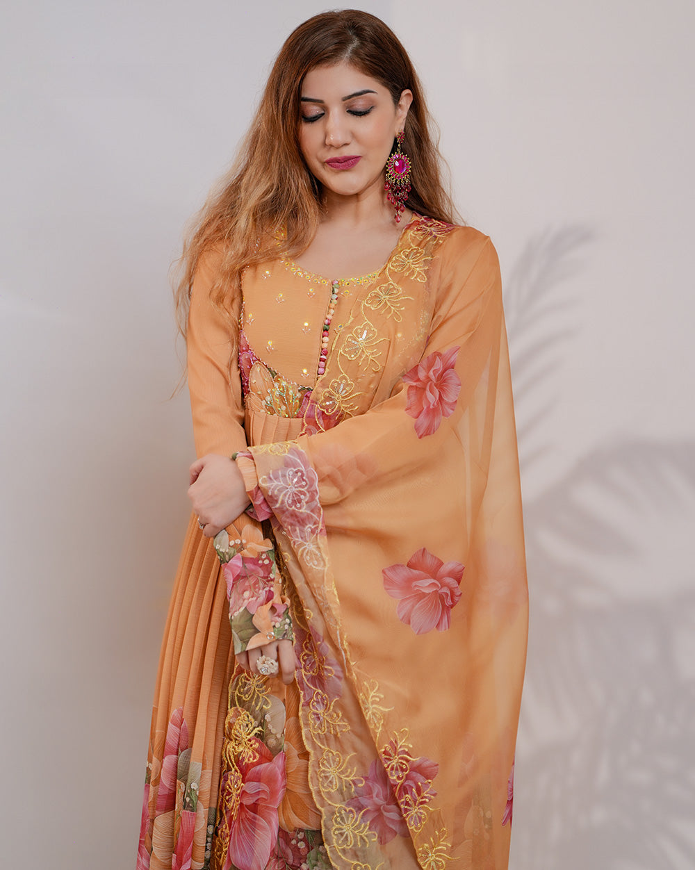 Floral printed pleated chiffon anarkali - mustard yellow