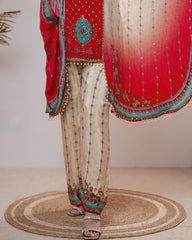 Ombre shaded crepe silk 2pc indo-western kaftan-red & cream