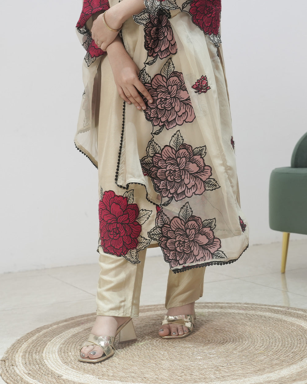 Cotton silk embroidered salwar suit- beige