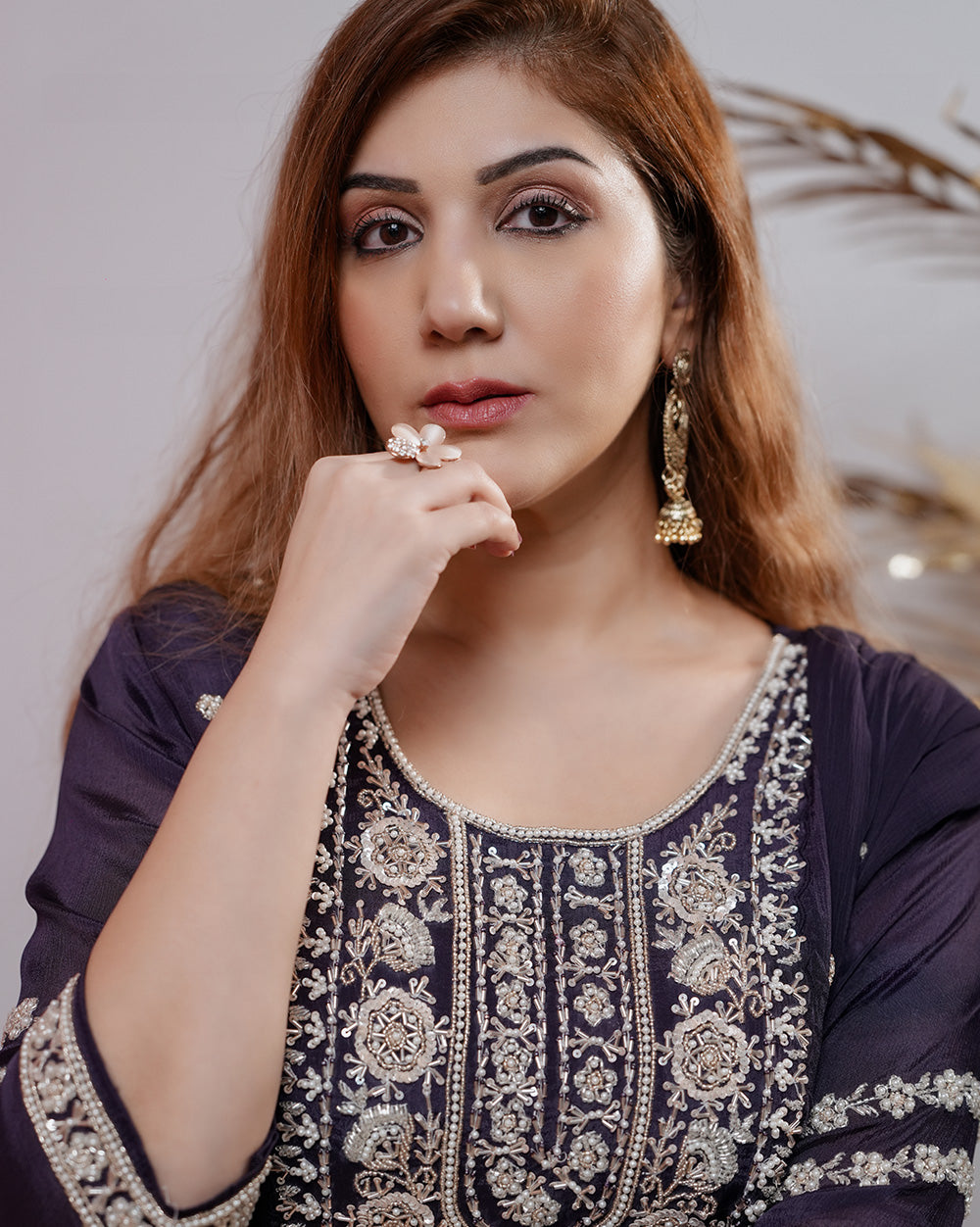 Heavy handworked chinon silk panel cut salwar suit- dark blue