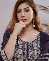 Heavy handworked chinon silk panel cut salwar suit- dark blue