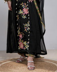 Embroidered pleated anarkali with center panel- black color