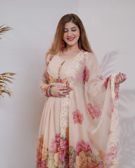 Floral printed pleated chiffon anarkali -  beige