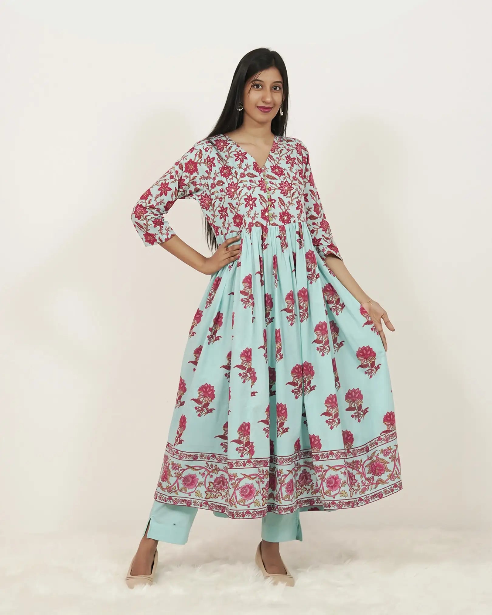 Printed 3Pc Anarkali Suit with Gathers
