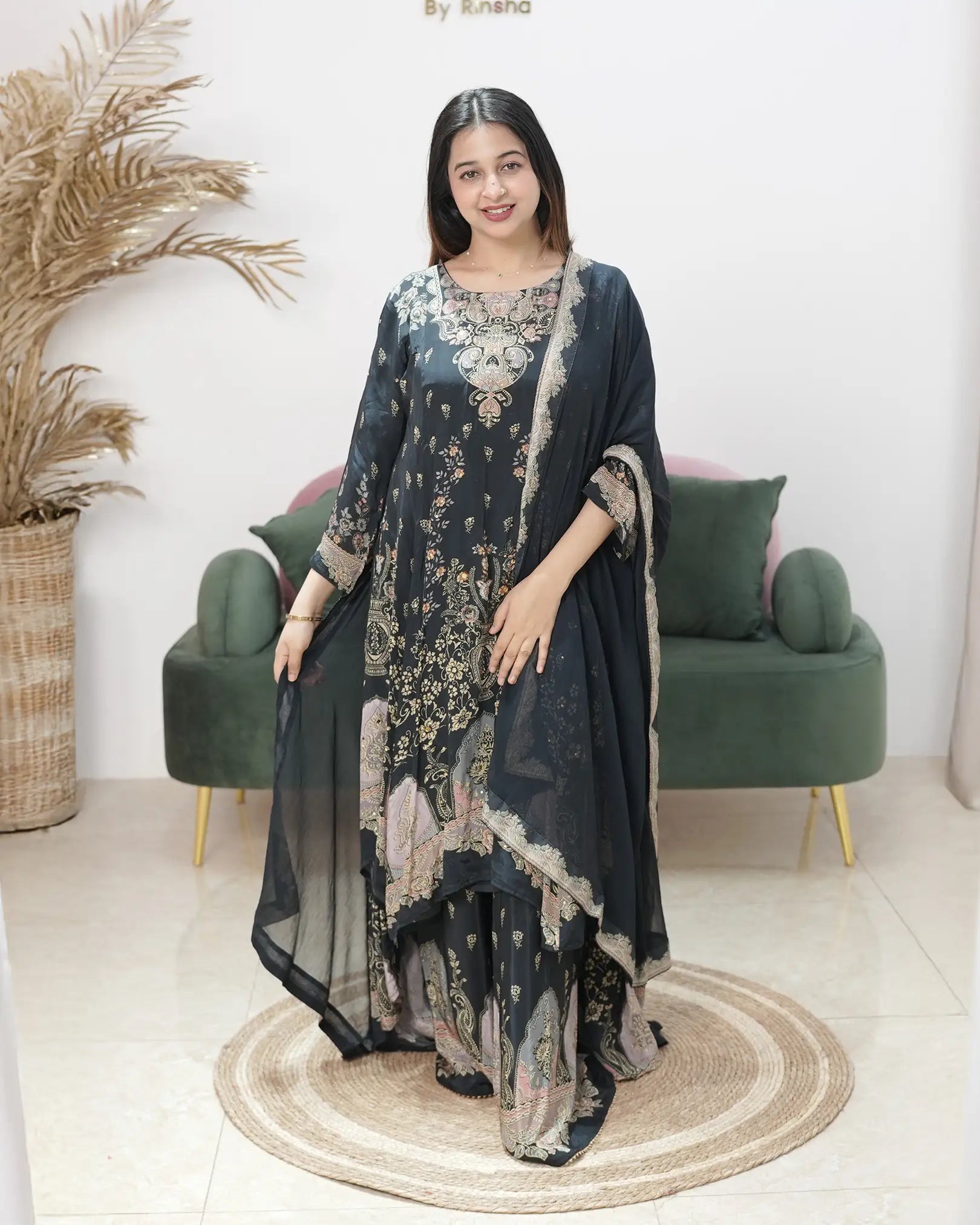 Crepe silk up and down panel cut anarkali black