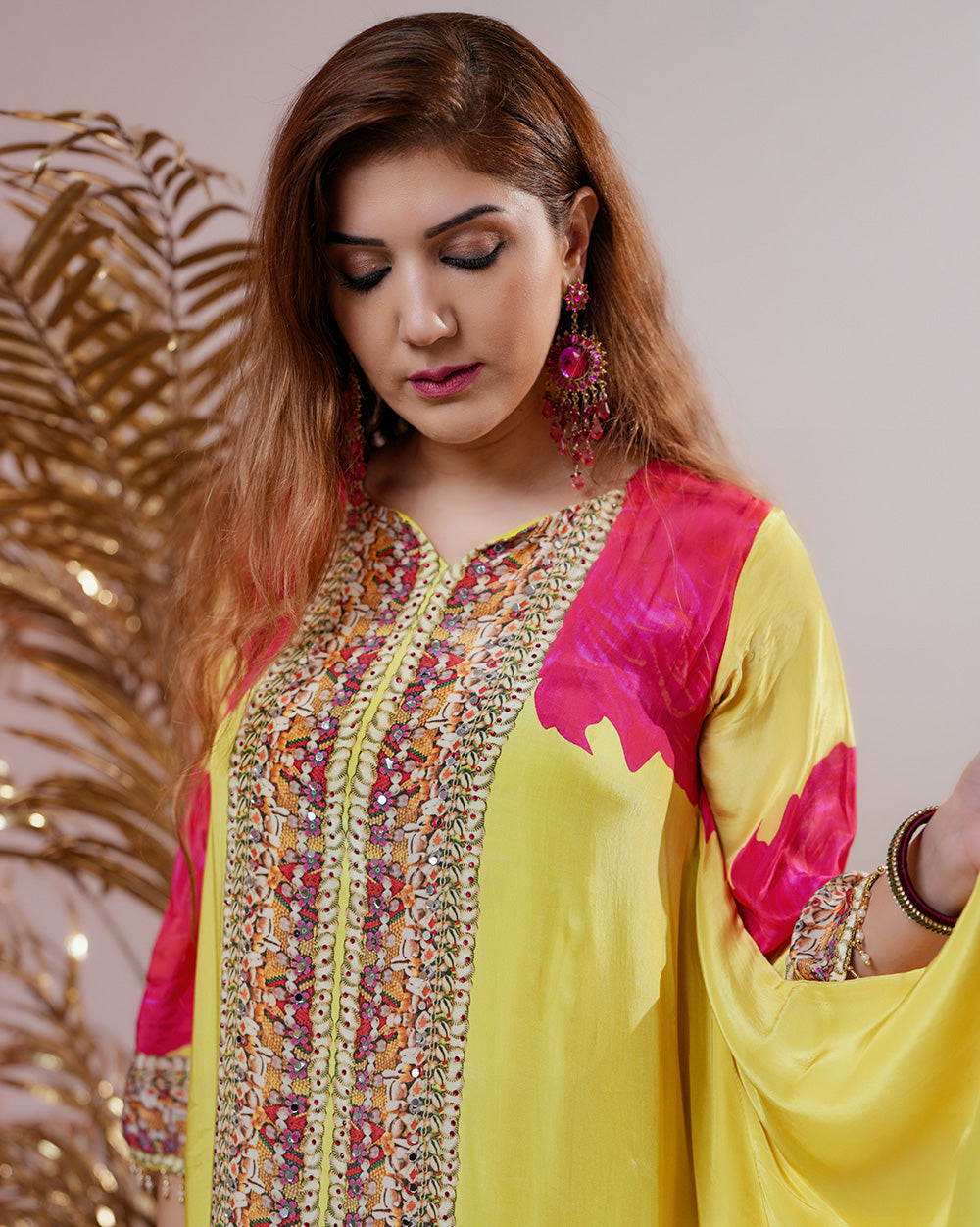 Crepe silk up and down cut 2pc salwar suit- yellow