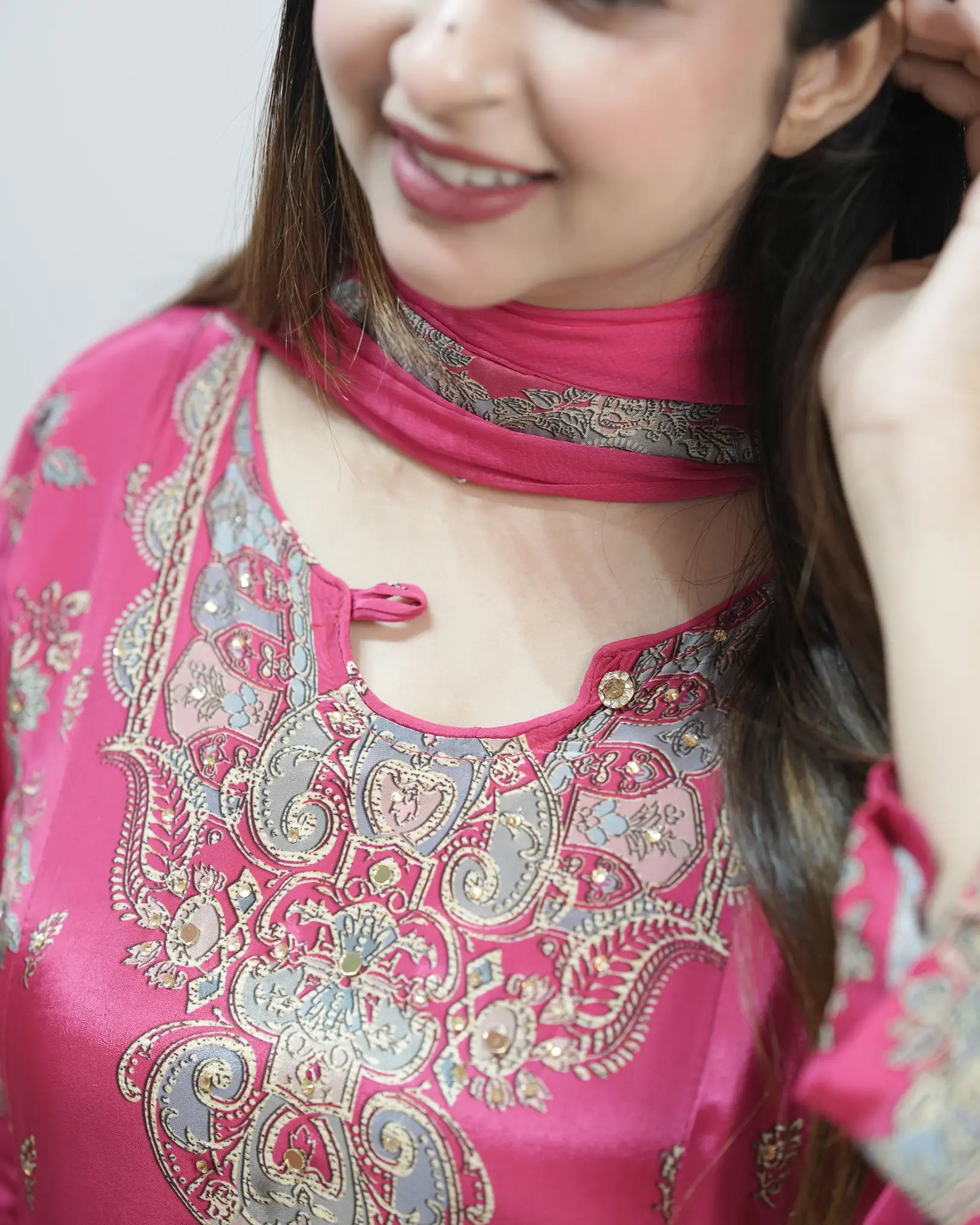 Crepe silk up and down panel cut anarkali rani pink