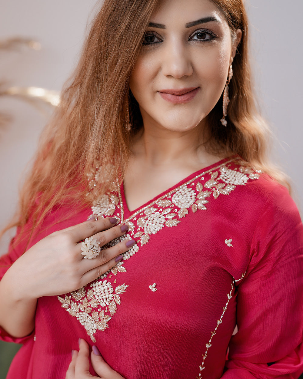 Handworked chinon silk A-line suit- rani pink