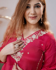 Handworked chinon silk A-line suit- rani pink