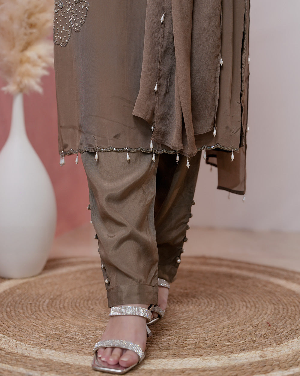 Handworked crepe silk salwar suit-taupe gray