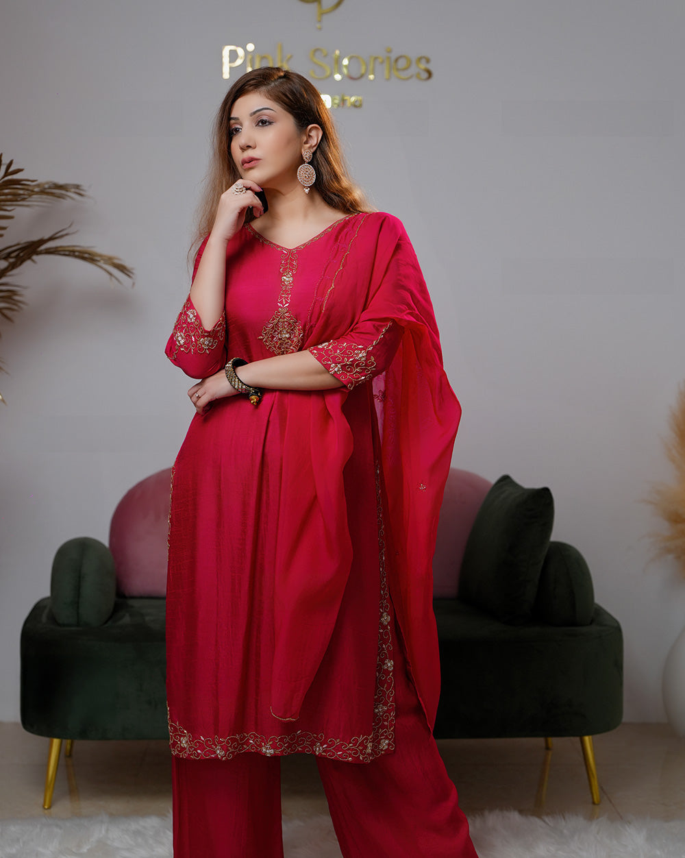 Handworked dola silk salwar suit- rani pink