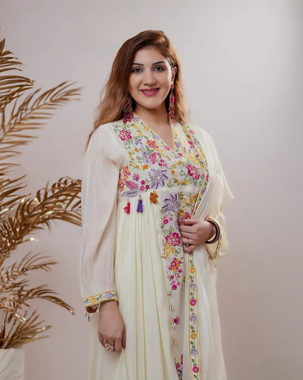 Embroidered pleated Anarkali with center panel- cream color