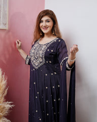 Heavy handworked chinon silk panel cut salwar suit- dark blue