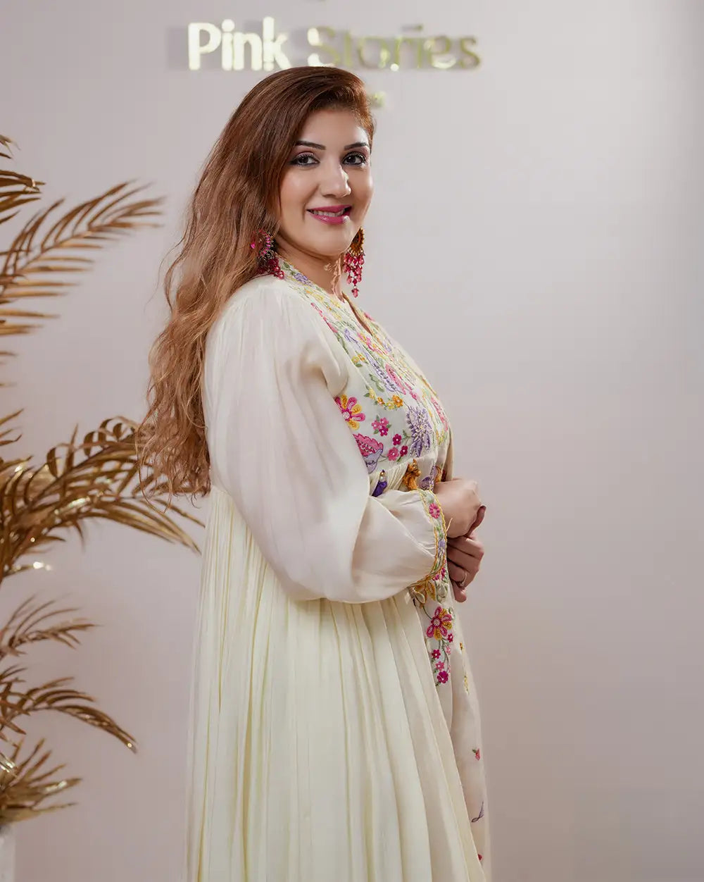 Embroidered pleated Anarkali with center panel- cream color