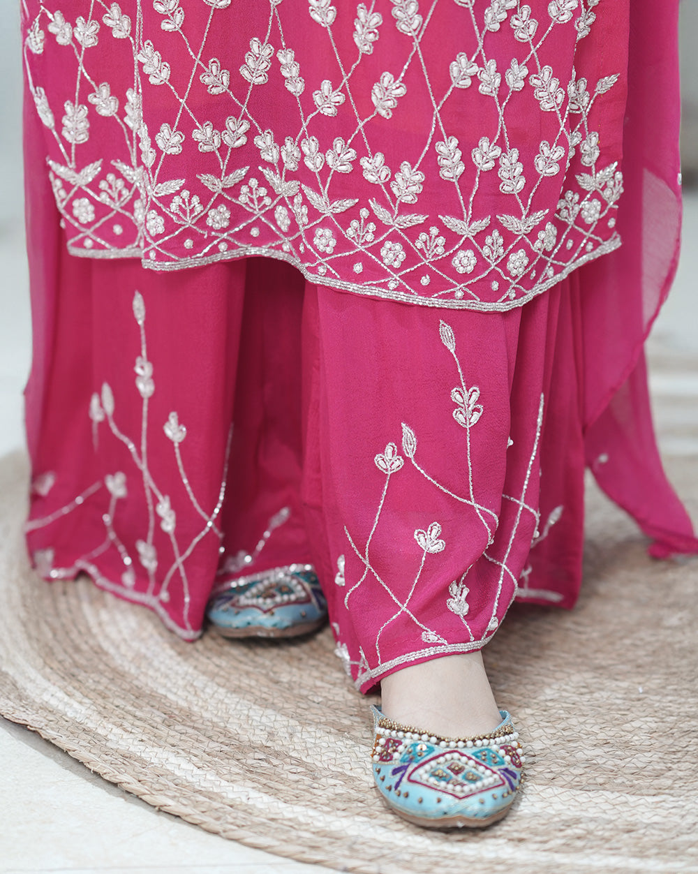 Ombre shaded chinon party wear salwar suit- pink and yellow