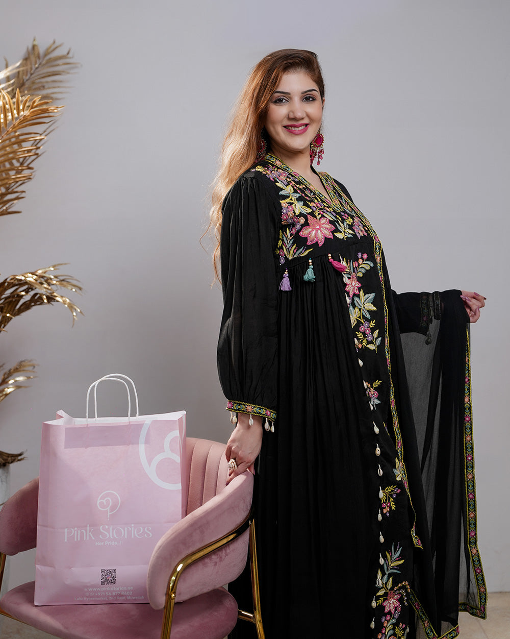 Embroidered pleated anarkali with center panel- black color