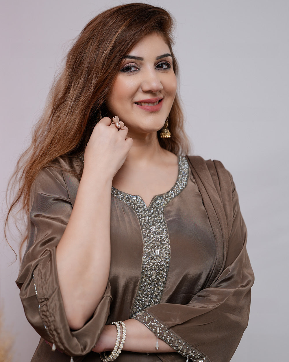 Handworked crepe silk salwar suit-taupe gray