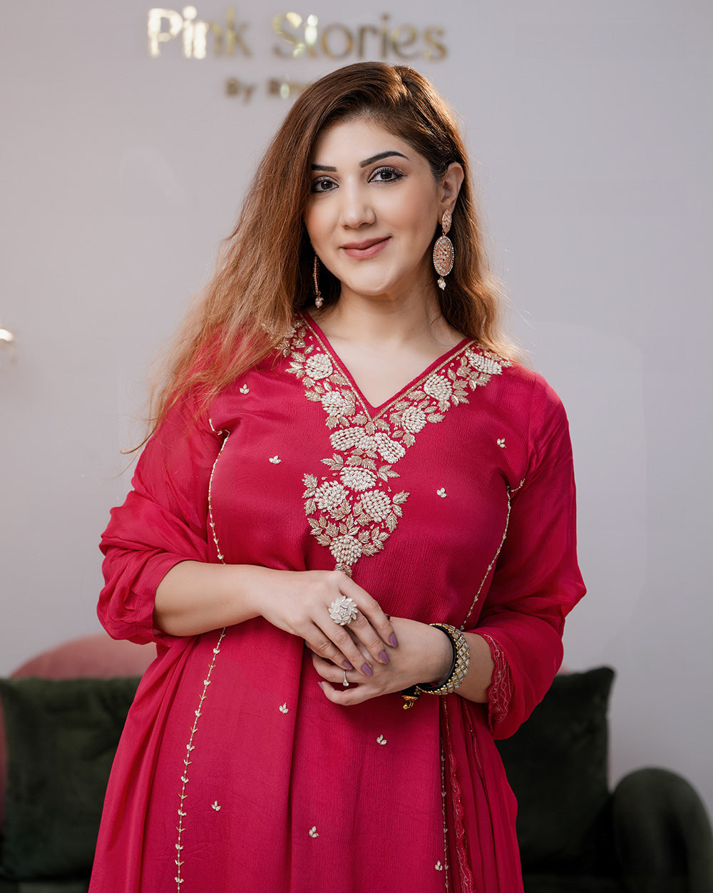 Handworked chinon silk A-line suit- rani pink