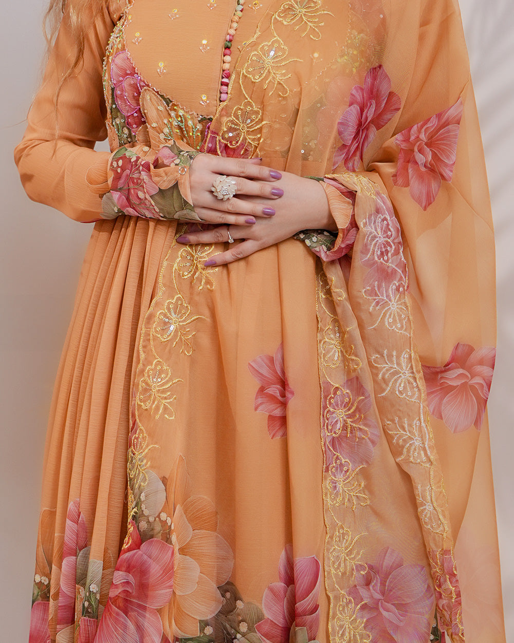 Floral printed pleated chiffon anarkali - mustard yellow