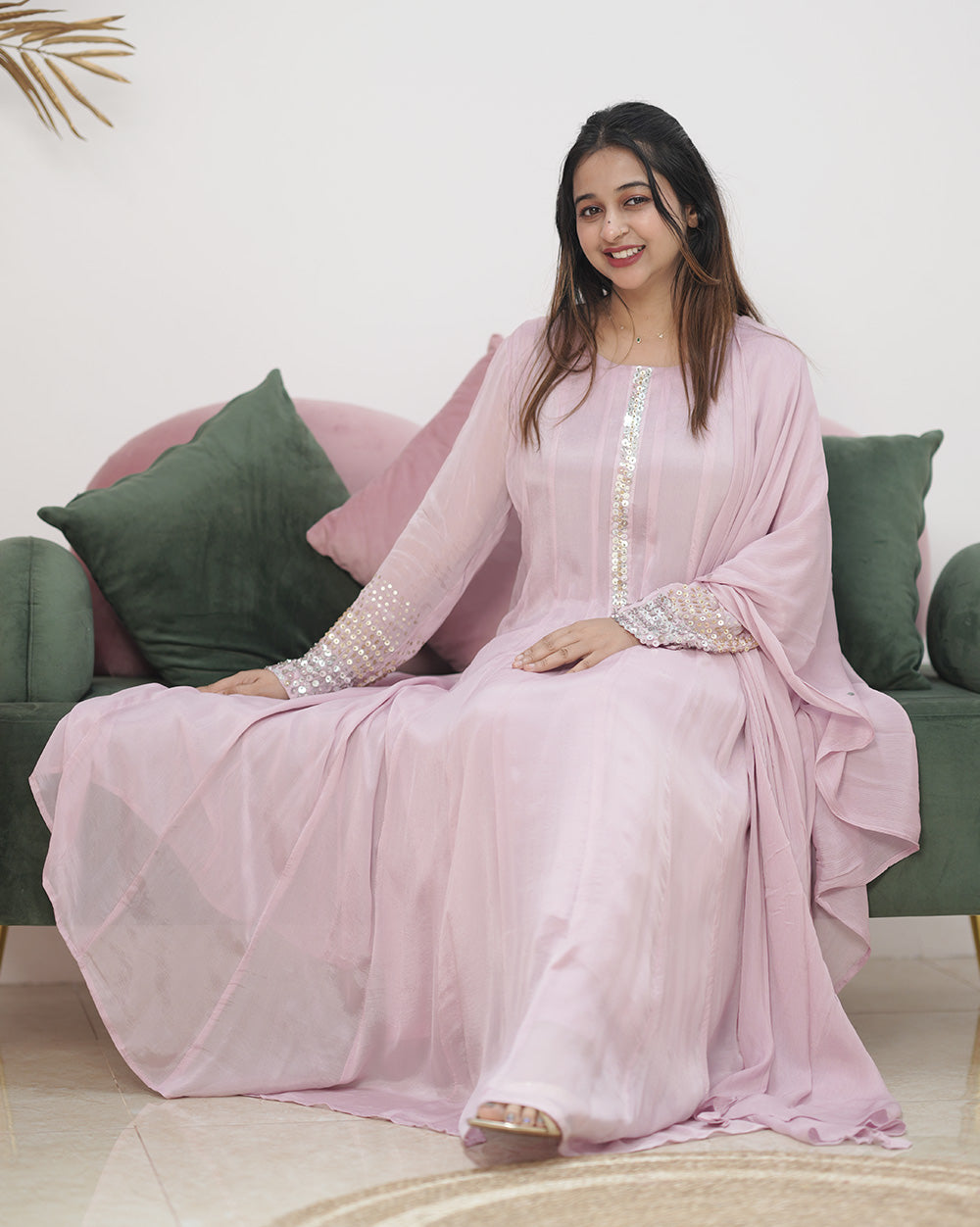 Premium chinon silk panel cut anarkali- onion pink