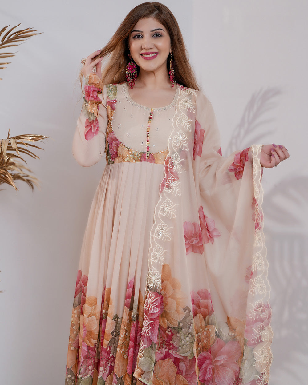 Floral printed pleated chiffon anarkali -  beige