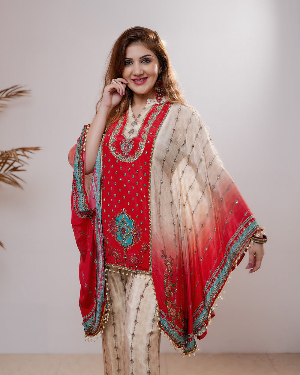Ombre shaded crepe silk 2pc indo-western kaftan-red & cream